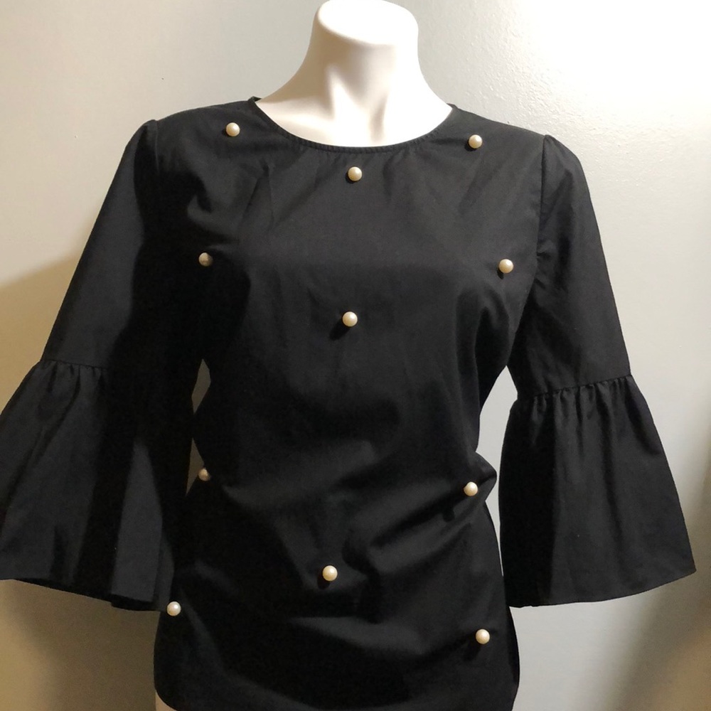 a.n.a Black Bell Sleeves Pearl Blouse